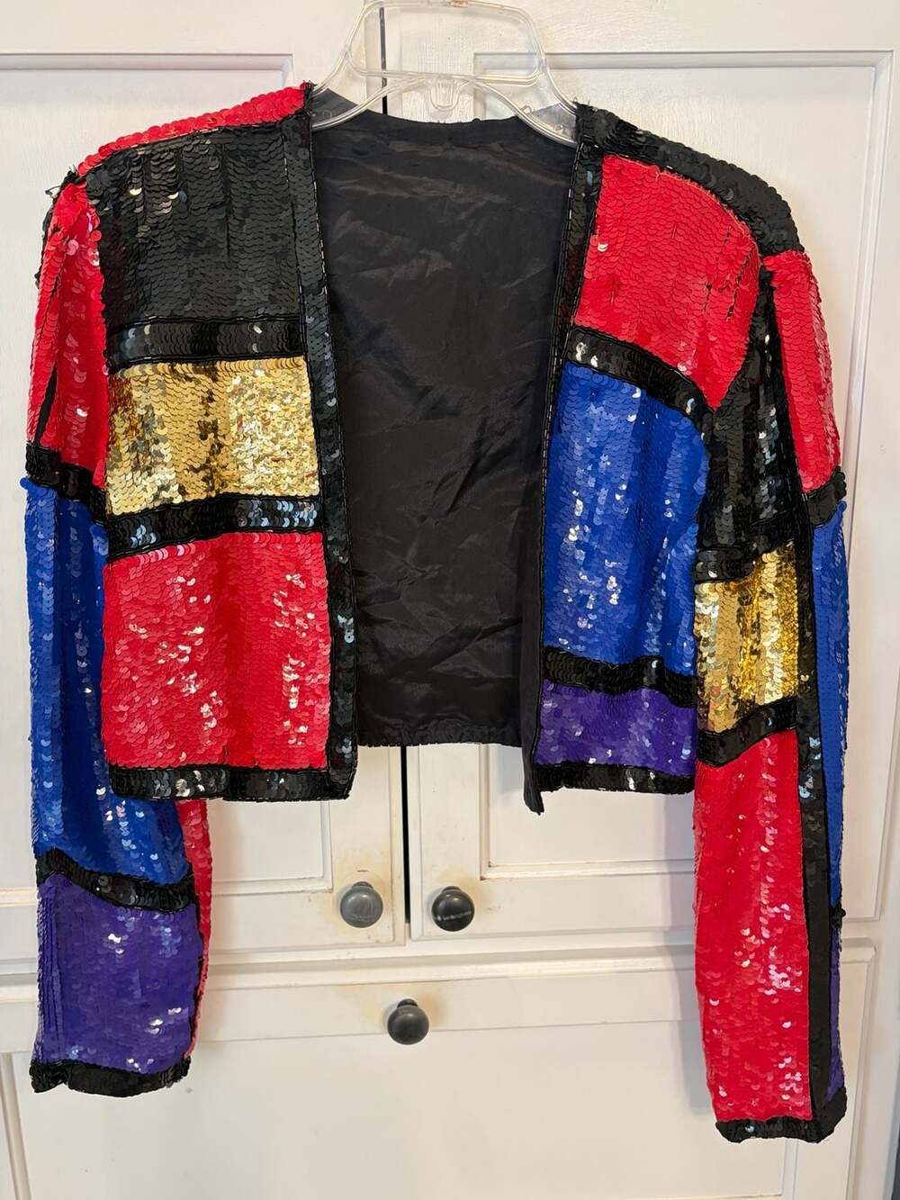 Vintage Colorblock Sequin Cropped Jacket Red Blue Gold Purple Black Disco Glam
